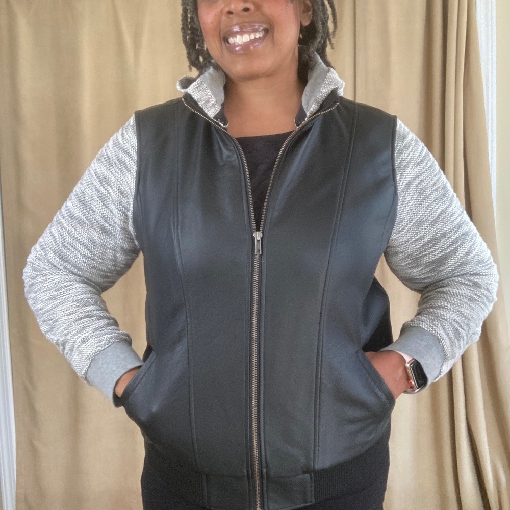Torrid Black Faux Leather & Marled Grey Terry Bomber Jacket, 0X (10/12)